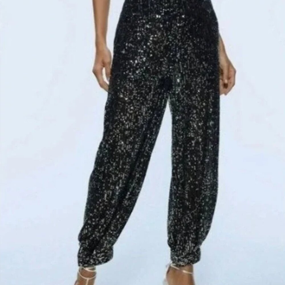 Zara Black Sequin Jogger Balloon Pants – Size M | Party / Holiday